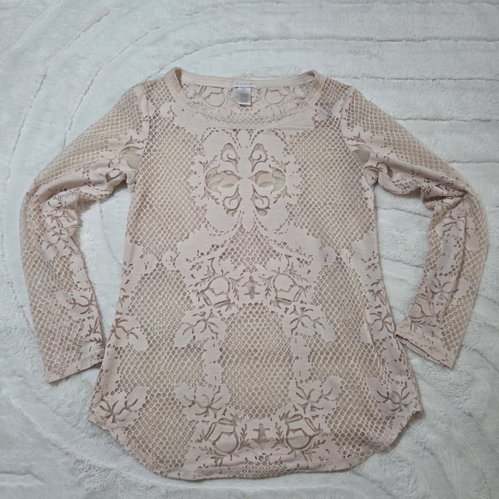 CACHE Pale Pink Sheer Burnout Long Sleeve VTG Shirt Feminine Chic Size M